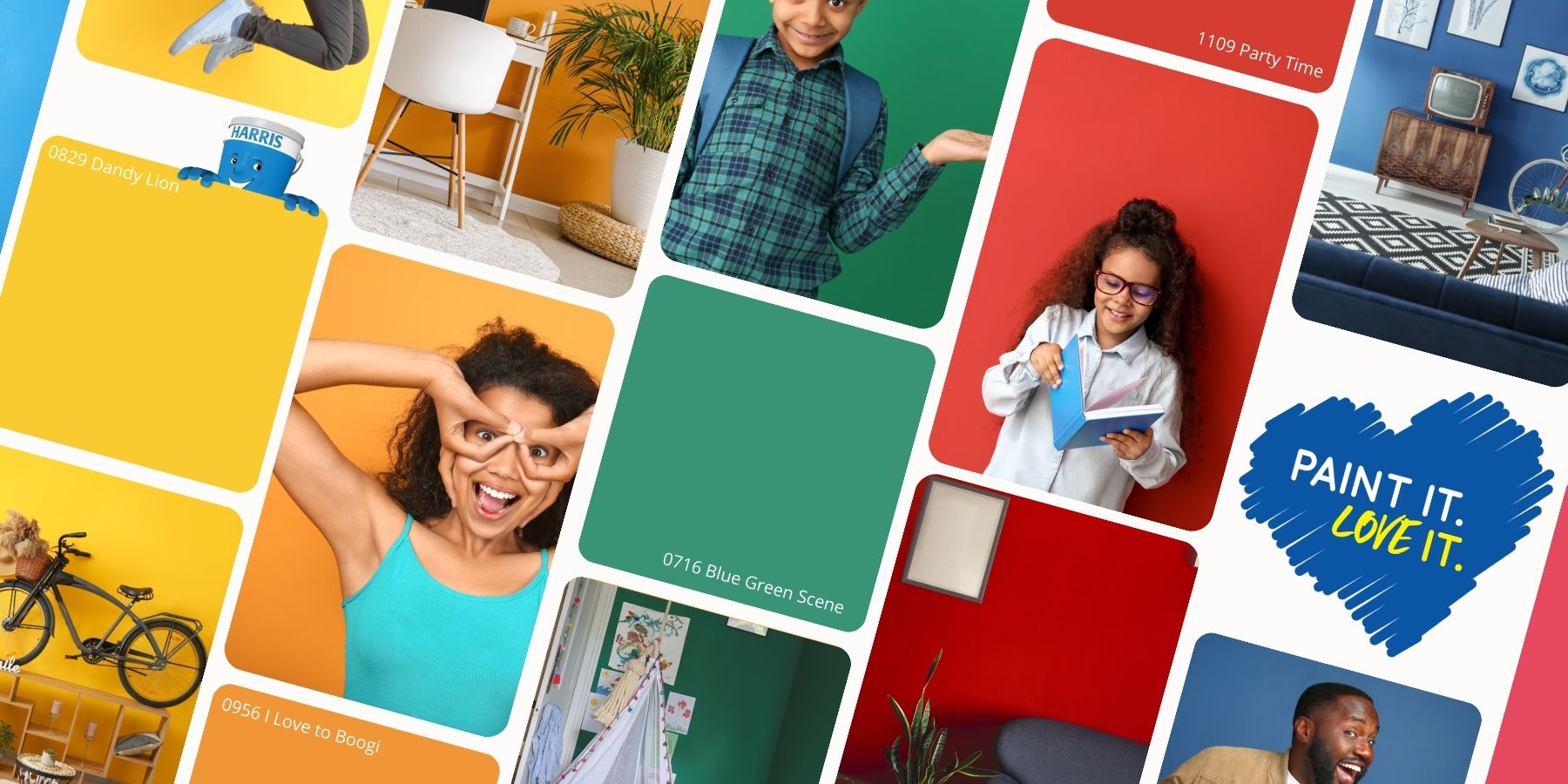 collage of picture featuring happy people, having fun in newly painted rooms, and featured paint colors.