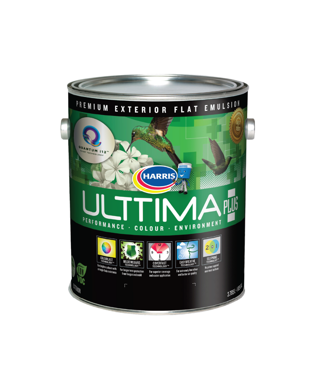 Harris Paints Ulttima Plus exterior plat emulsion paint gallon, available to shop online at Harris Colourcentres in Barbados.