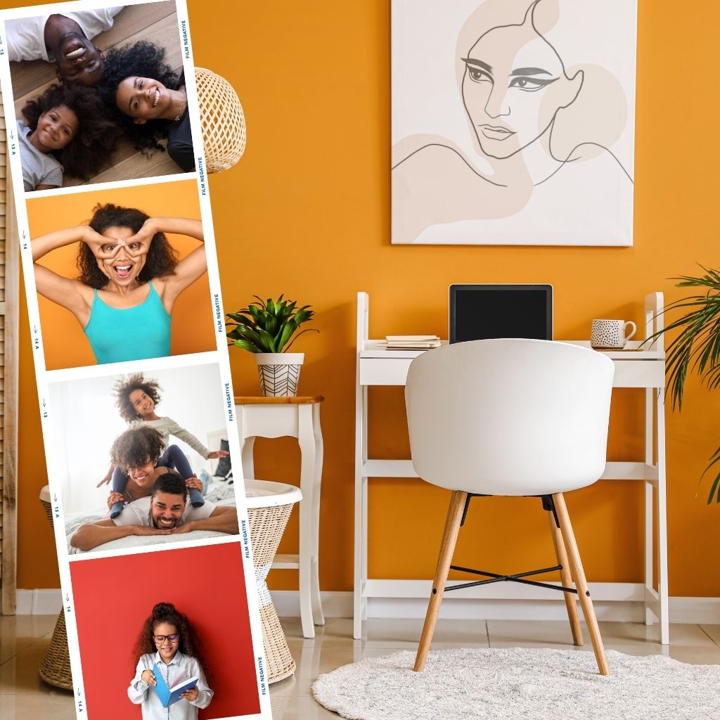 at home office painted in a bright and fun orange paint color from Harris Paints Barbados