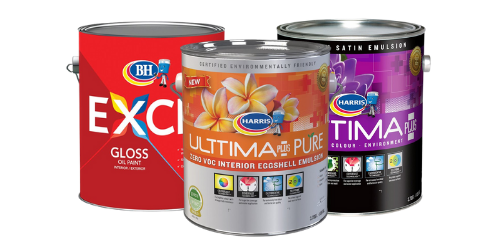 image of three different interior paint products from Harris Paints; Excel, Ulttima + Pure, and Ulttima +