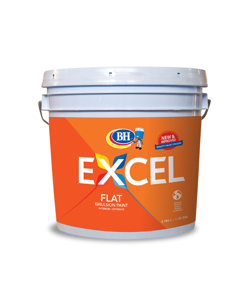 BH Paints Excel Flat Emulsion Paint in a 1 gallon pail, available to shop online at Harris Colourcentres in Barbados.