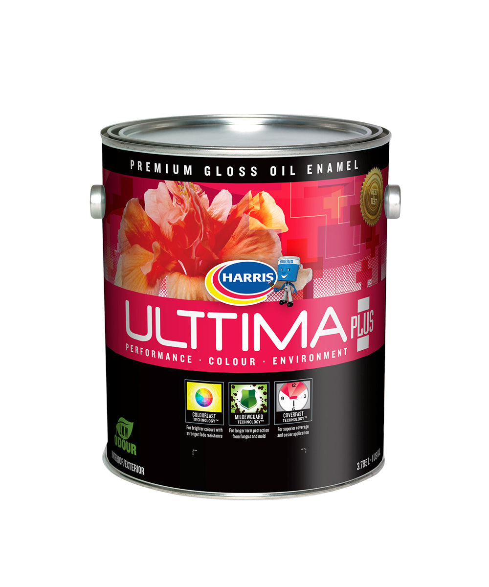 Harris Paints Ulttima Plus Gloss Oil Interior & Exterior Enamel gallon. Available to shop online at Harris Colourcentres in Barbados.